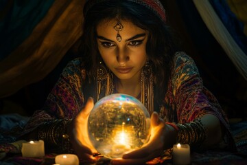 Naklejka premium Mystical gypsy fortune teller gazing into crystal ball, surrounded by candles and vibrant fabrics in atmospheric setting