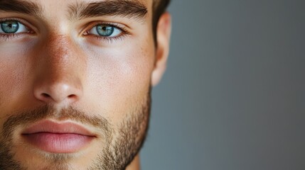 Obraz premium Close-up of a handsome young man's face, highlighting a smooth complexion and well-groomed features.