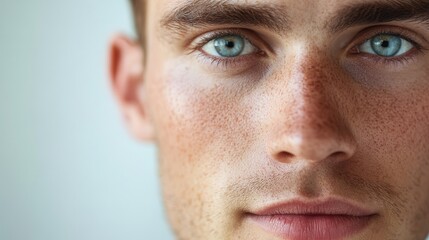 Obraz premium Close-up of a handsome young man's face, highlighting a smooth complexion and well-groomed features.