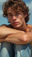 Obraz premium A striking young man with wavy, sun-kissed hair sits against a backdrop of soft blue skies, exuding a sense of calm and introspection. His bare arms rest on his knees, highlighting his youthful