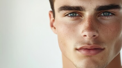 Fototapeta premium Close-up of a handsome young man's face, highlighting a smooth complexion and well-groomed features.
