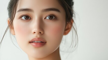 Fototapeta premium Close-up portrait of an Asian female model with flawless skin, showcasing a smooth and radiant complexion.