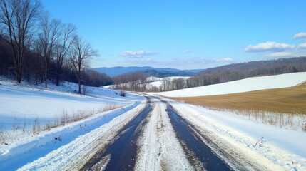 Snow-covered road winding through a winter landscape with distant mountains and clear blue sky.