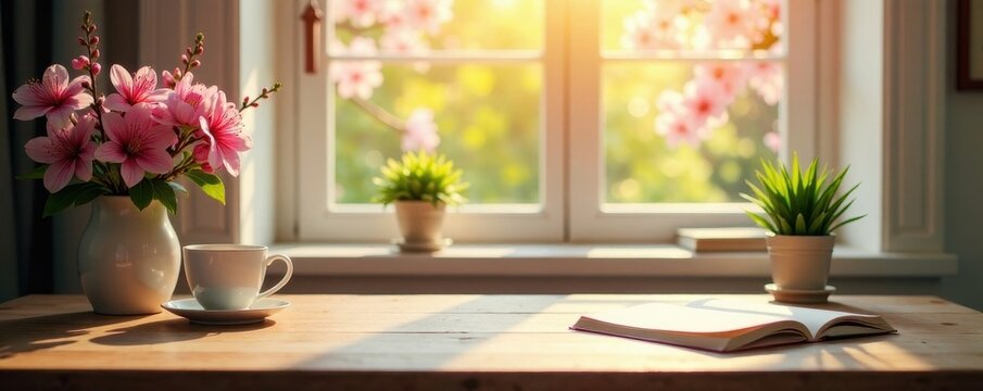 Empty desk, spring blossoms, sunlight streams in, green, cleanliness, table
