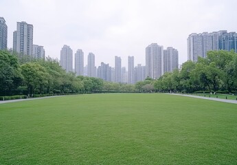 Obraz premium Green lawn in the city, with high-rise buildings behind it, white background, high-definition photography style, high resolution. The grass is lush and green, surrounded by trees that create an atmosp