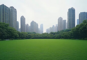 Obraz premium Green lawn in the city, with high-rise buildings behind it, white background, high-definition photography style, high resolution. The grass is lush and green, surrounded by trees that create an atmosp