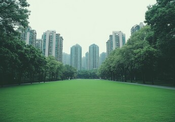 Green lawn in the city, with high-rise buildings behind it, white background, high-definition photography style, high resolution. The grass is lush and green, surrounded by trees that create an atmosp