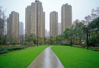 Obraz premium Green lawn in the city, with high-rise buildings behind it, white background, high-definition photography style, high resolution. The grass is lush and green, surrounded by trees that create an atmosp