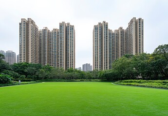 Obraz premium Green lawn in the city, with high-rise buildings behind it, white background, high-definition photography style, high resolution. The grass is lush and green, surrounded by trees that create an atmosp