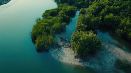 High angle view of mangrove forest and river in R forcefully control the water flow from one body to another, using top-down drone photography style. The scene is captured with an aerial perspective
