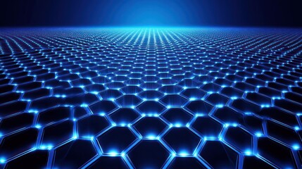 Obraz premium A futuristic hexagonal grid illuminated by blue lights, creating a digital landscape effect.