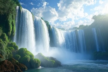 Naklejka premium IguazÃº Falls in Argentina, view from the side with green vegetation and blue sky with clouds, waterfalls falling into the beautiful waters of the river. 