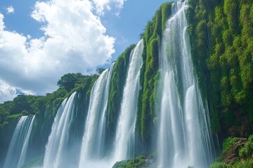 Fototapeta premium IguazÃº Falls in Argentina, view from the side with green vegetation and blue sky with clouds, waterfalls falling into the beautiful waters of the river. 