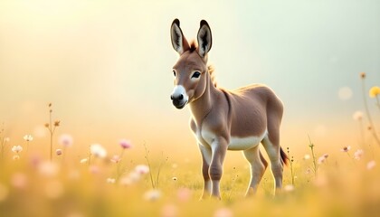 Fototapeta premium Young Donkey in Golden Field: A Serene Pastoral Portrait