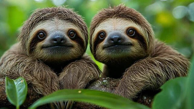This Two sloths cuddle closely on a branch, surrounded by vibrant green leaves in a rainforest.