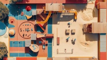 Aerial view of a colorful playground with children playing on slides, swings, and climbing structures.