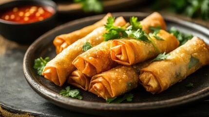 Crispy golden spring rolls with fresh parsley and sweet chili sauce on a rustic plate, offering a delightful blend of textures and flavors.