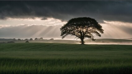Lonely tree in misty meadow under dramatic skies at sunrise