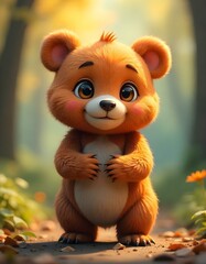 Adorable 3D Cub Bear:  Autumnal Forest Setting, Cute Style