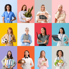 Set of different working women on color background