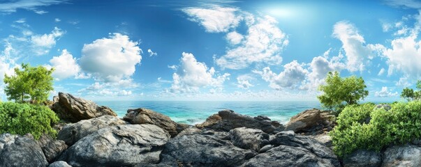 Panoramic view of Phuket, Thailand, with rocks and tropical greenery, blue sky with white clouds, and turquoise water. a hyperrealistic photo. 