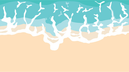 Sandy beach with blue sea ocean water and coast line clear summer sunny sky. Ocean waves reaching the coastline. Beach, sand, sea shore with foam waves. Top view overhead seaside. Vector illustration © artvector-23