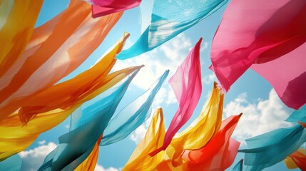 Colorful fabrics fluttering in sky.