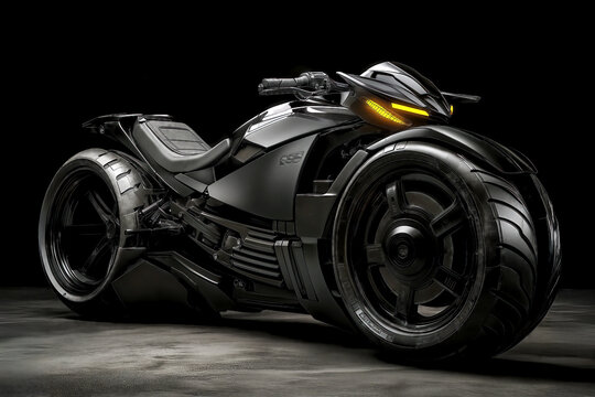 Generated ImagA remarkable black motorcycle is showcased in a dark studio, emphasizing its modern design, bold lines, and advanced features. The lighting highlights its unique structure and details.e