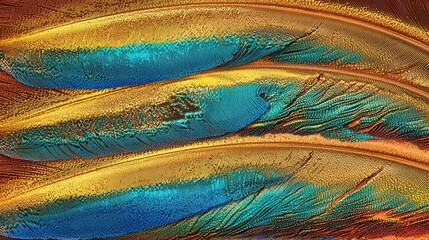 Vibrant bird feathers in teal, green, and orange hues. AI.