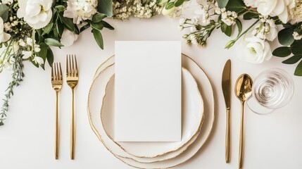 Elegant table setting featuring a blank card mockup, gold cutlery, and floral decor, perfect for weddings or special events.