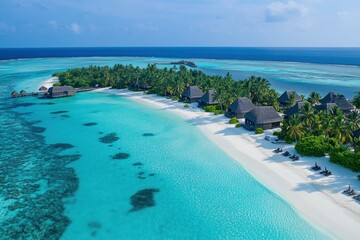 Fototapeta premium Photo of a Maldives tropical beach with palm trees and turquoise water, a summer vacation background. Aerial Coastal Landscape stock. high resolution, highly detailed, high definition, high quality.