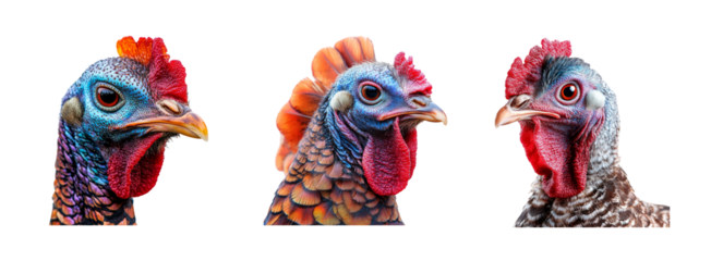 Colorful Close-Up of Three Unique Roosters on Transparent Background