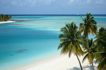 Obraz premium Photo of a Maldives tropical beach with palm trees and turquoise water, a summer vacation background. Aerial Coastal Landscape stock. high resolution, highly detailed, high definition, high quality.