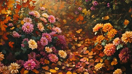 Autumnal path strewn with fallen leaves and vibrant dahlias.