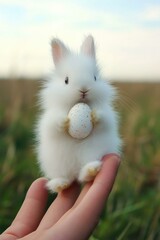 Fluffy bunny holding a speckled egg. AI.