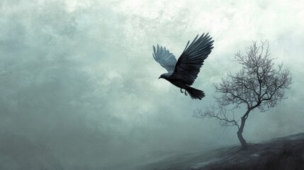 Obraz premium A solitary bird flies over a misty landscape with a bare tree, evoking a sense of solitude.