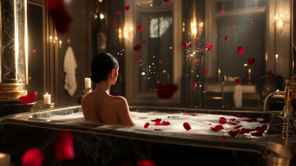 A serene woman resting in a grand marble tub, rose petals and foam floating around her. Candlelight reflects warmly off the elegant bathroom dÃ©cor.