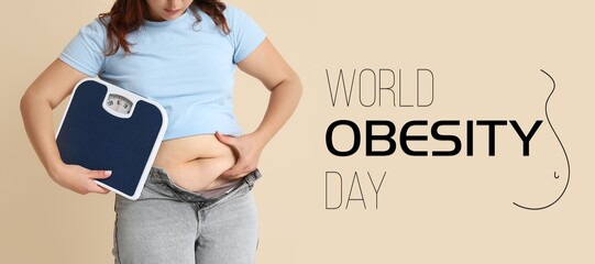 Overweight woman with weight scales on beige background. Banner for World Obesity Day