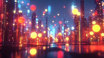 Fototapeta premium Breathtaking nighttime cityscape featuring a stunning display of vibrant colorful lights reflecting on the surface of a body of water creating a mesmerizing and futuristic atmosphere
