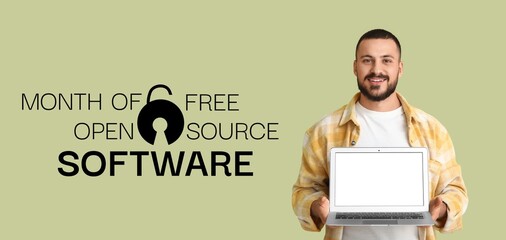 Banner for Free and Open Source Software Month with young programmer holding laptop
