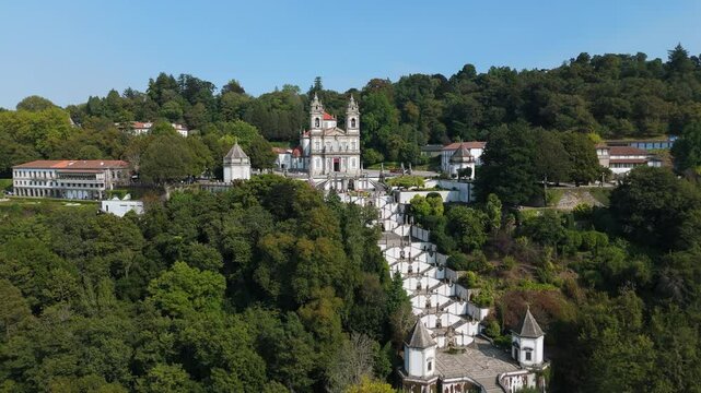 Sanctuary of Bom Jesus do Monte on Hill on Sunny Day. Braga, Portugal. Aerial View. Orbiting