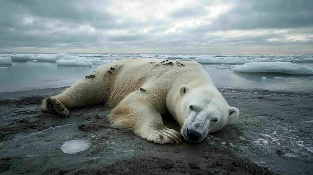 Exhausted and emaciated polar bears struggling to survive as global warming and melting ice drastically impact their habitat, highlighting the urgent need for climate action.