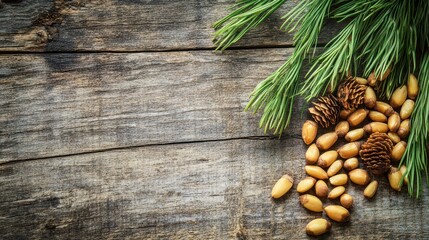 Fresh pine nuts scattered on a rustic wooden surface, accompanied by pine needles, creating a natural and earthy feel.