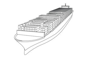 Cargo Ship Container line art vector illustration isolated on transparent background. Container cargo vessel freight, Global business import export commercial trade logistic 