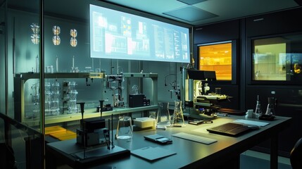 A lab environment with AR tools projecting test results and analysis data directly above apparatuses allowing operators to visualize key measurements and parameters instantly.