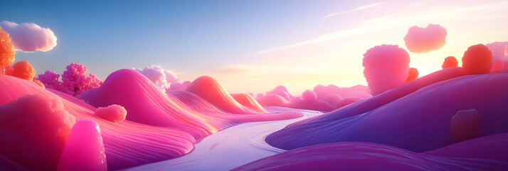 Sugarcoated Serenity: A Gummy Wonderland at Dusk with Syrupy Rivers and Glowing Skies