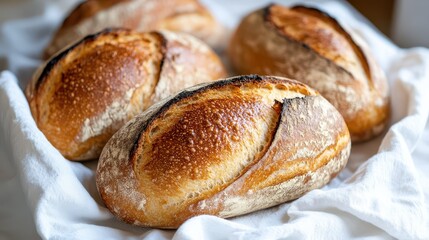 Freshly baked artisan bread loaves with golden crusts resting on a white cloth, showcasing a perfect blend of texture and warmth.