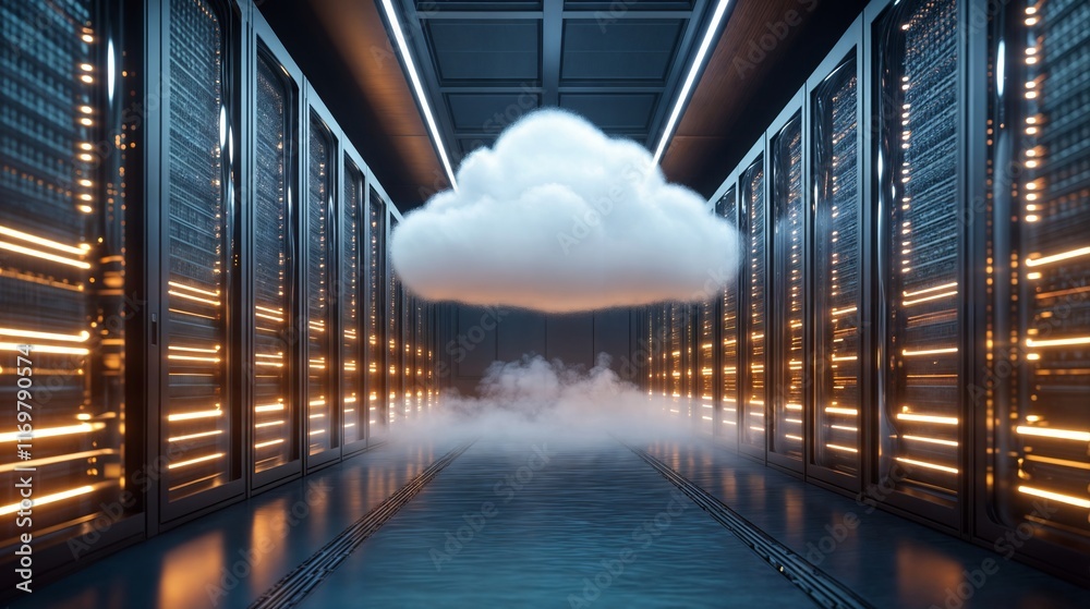 Poster cloud computing data center with servers and cloud symbol floating down corridor