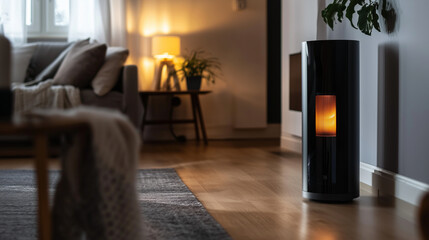 A minimalist fireplace-style heating unit radiating warmth in a stylish Scandinavian-inspired living room, complete with wooden furniture and plush textiles.