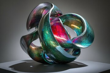 Abstract sculpture with interwoven, polished forms in iridescent teal, crimson, and gold hues.